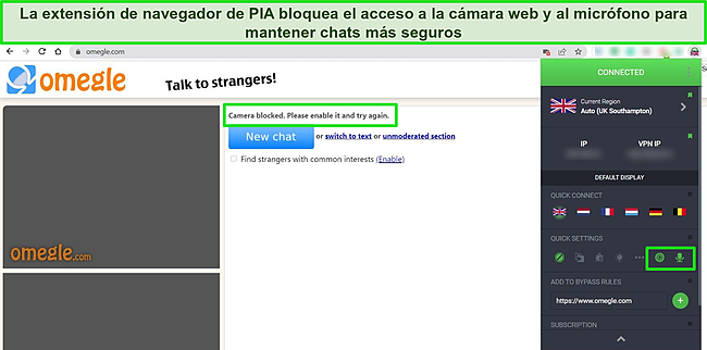 Captura de pantalla de la extensión del navegador Chrome de PIA conectada a un servidor del Reino Unido con las funciones de micrófono y cámara web bloqueadas, con Omegle en el fondo que también muestra que la cámara web y el micrófono están bloqueados.