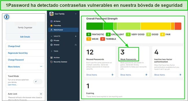 1Password Watchtower, un destacado gestor de contraseñas familiar, detectando claves débiles