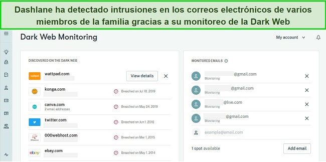 Imagen de la mejor gestión de contraseñas para familias con Dashlane, incluyendo monitoreo de la dark web