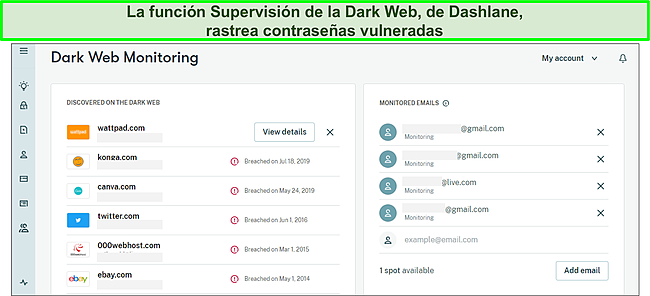 Uso del Monitoreo de la Dark Web de Dashlane para rastrear contraseñas violadas.