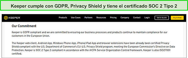 Certificación del Escudo de privacidad de Keeper y cumplimiento de SOC 2 Tipo 2 y RGPD.