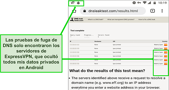 Captura de pantalla de una prueba de DNS exitosa en Android mientras ExpressVPN está conectado a un servidor en Madrid.