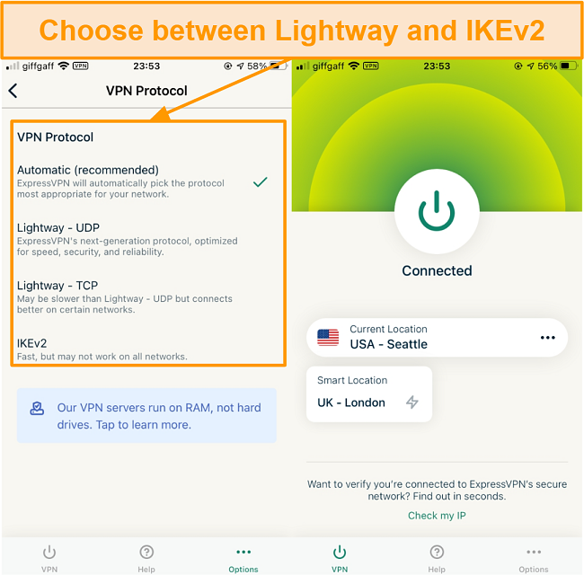 Screenshot of Lightway and IKEv2 protocols on an iPhone 6 using ExpressVPN
