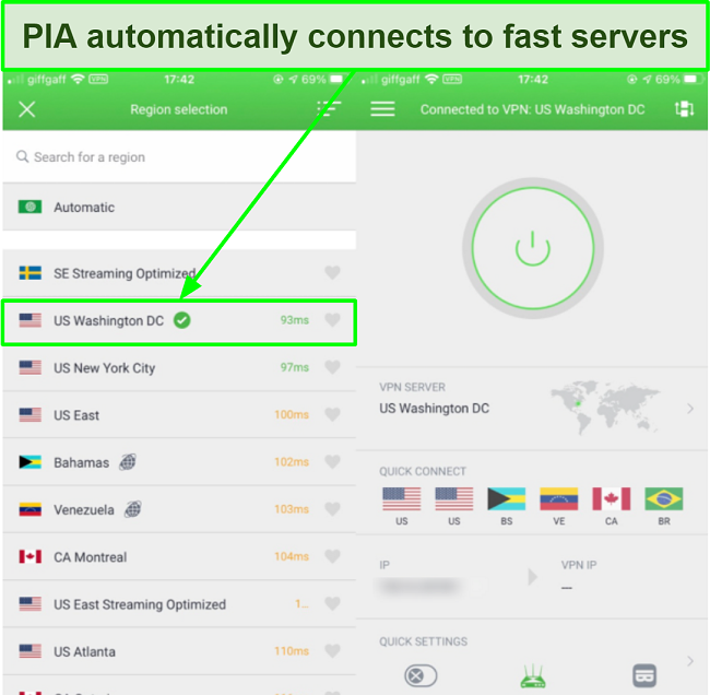 Screenshot of available low latency servers on an iPhone 6 using Private Internet Access