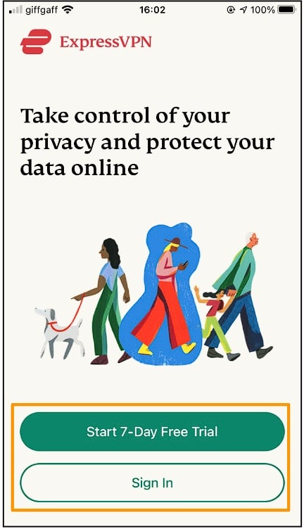 ExpressVPN iOS アプリの 7 日間無料トライアルまたはサインアップ ページのスクリーンショット