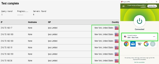 Screenshot of a DNS leak test on ExpressVPN's New York Servers 