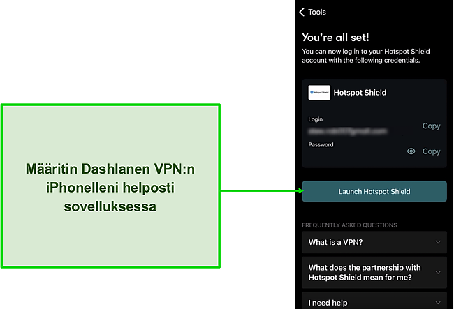 Kuvakaappaus Dashlanen VPN-asetuksista sovelluksen sisällä.