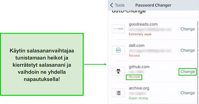 Kuvakaappaus Dashlanen yhden napsautuksen salasanan vaihtajasta.