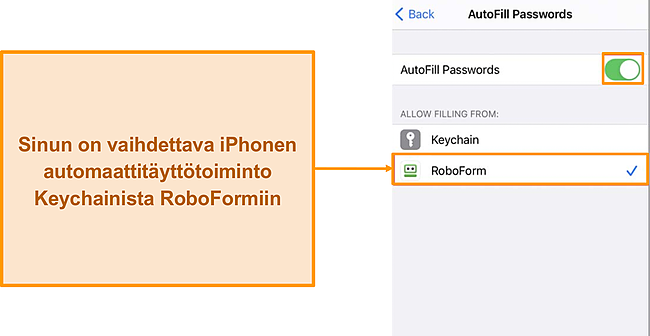 Kuvakaappaus RoboFormin automaattisesta täyttötoiminnoista.