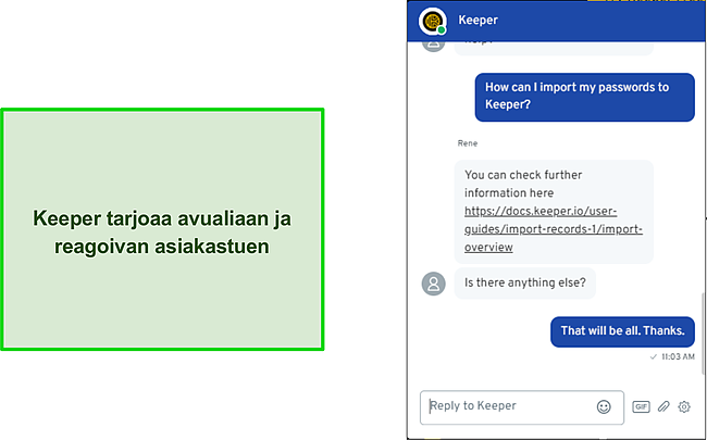 Keskustelu Keeperin live-chat-tuen kanssa.