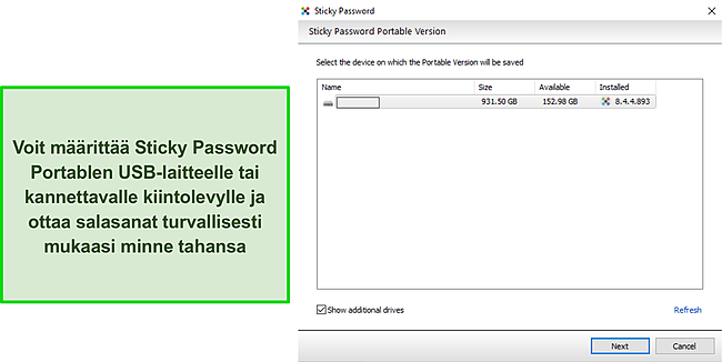 Kuvakaappaus Sticky Password Portable USB -asemasta.