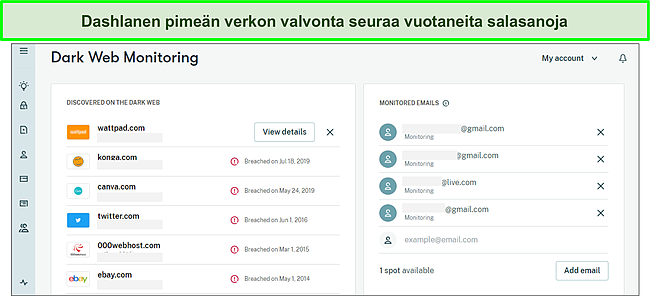 Dashlanen Dark Web Monitoringin käyttäminen rikkoutuneiden salasanojen jäljittämiseen.