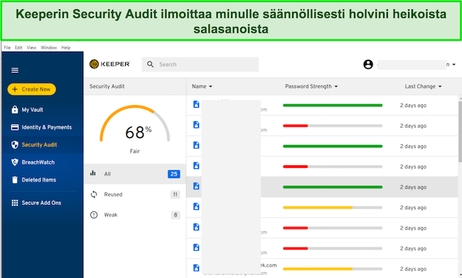 Kuvakaappaus Keeper's Security Audit -välilehdestä