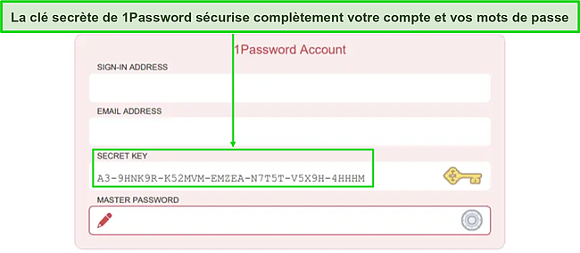 Capture d'écran de la page de connexion au compte Secret Key de 1Password.