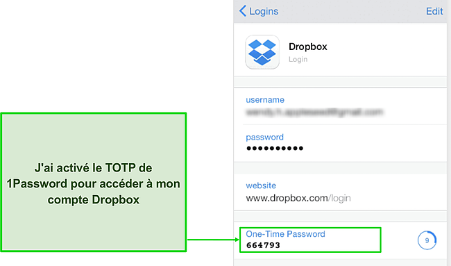 Capture d'écran du code TOTP de 1Password sous iPhone .