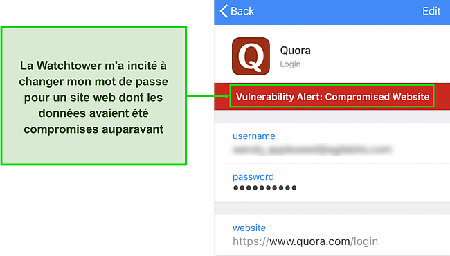 Capture d'écran de la Watchtower de 1Password détectant un site Web compromis.