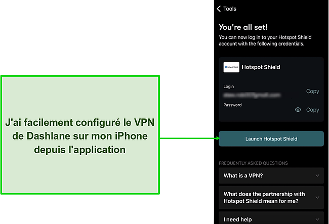 Capture d'écran de la configuration VPN de Dashlane depuis l'application.