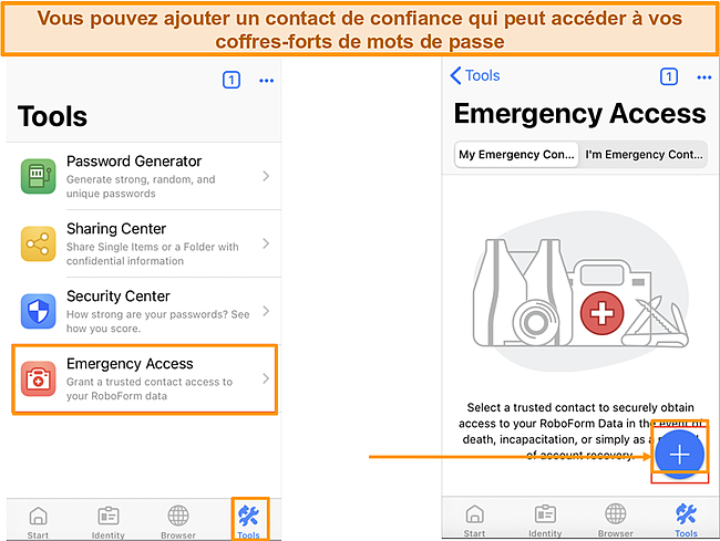 Capture d'écran de Comment ajouter un accès d'urgence sur l'application iOS de Roboform.