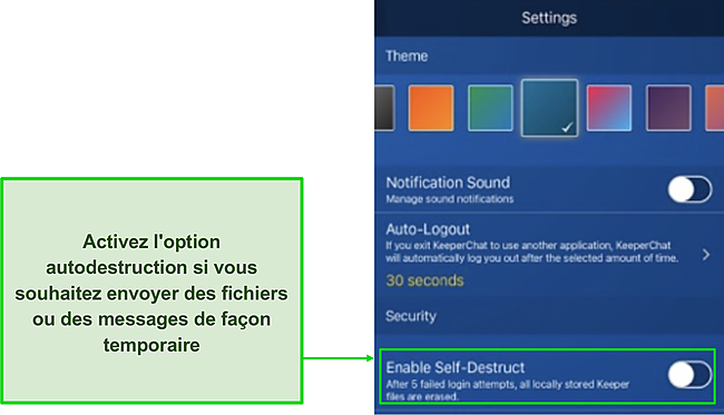 Capture d'écran de l'option de minuterie d'autodestruction de KeeperChat dans .