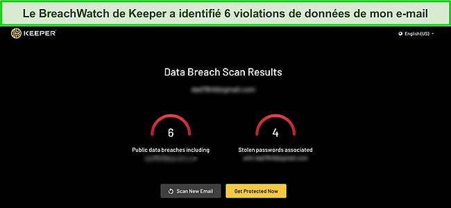 Capture d'écran des résultats de violation de données de l'outil de surveillance du dark web de Keeper.
