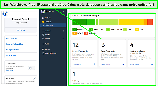 Capture d'écran du tableau de bord Watchtower de 1Password.