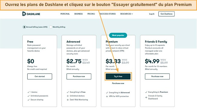 Capture d'écran de Dashlane, bouton 'Essayer gratuitement' du plan Premium mis en évidence