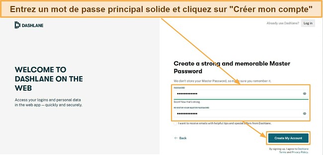 Un champ demandant à l'utilisateur d'entrer un mot de passe fort, suivi d'un bouton intitulé 'Créer mon compte'