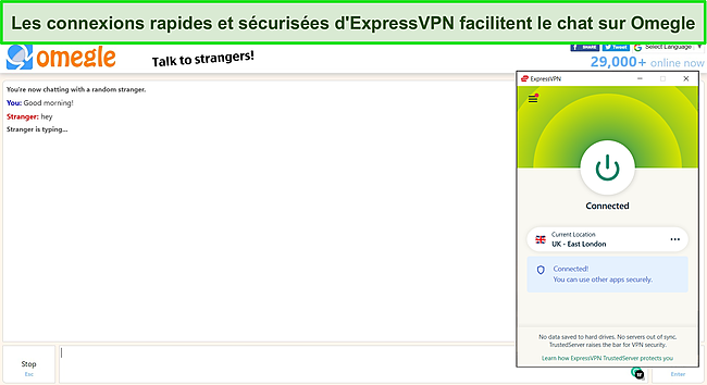 Capture d'écran d'ExpressVPN connecté à un serveur britannique avec un chat Omegle actif en arrière-plan.