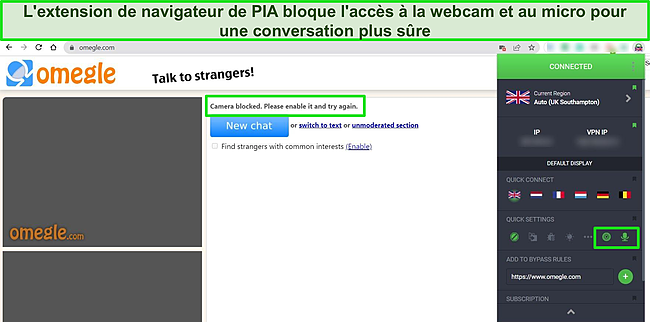 Capture d'écran de l'extension de navigateur Chrome de PIA connectée à un serveur britannique avec des fonctionnalités de microphone et de webcam bloquées, avec Omegle en arrière-plan montrant également que la webcam et le micro sont bloqués.