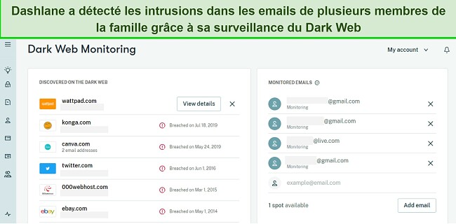 Capture d'écran Dashlane : gestion famille + dark web