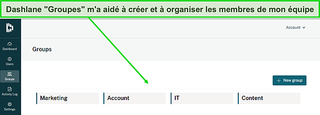 Capture d'écran du tableau de bord des groupes Dashlane.