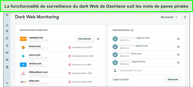 Utilisation de la surveillance du dark web de Dashlane pour suivre les mots de passe piratés.