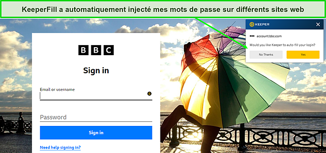 Capture d'écran de la fonctionnalité de remplissage automatique de Keeper sur Chrome.