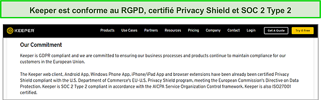 Certification Privacy Shield de Keeper et conformité SOC 2 Type 2 et RGPD.
