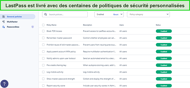 Capture d'écran du tableau de bord des politiques générales de LastPass.