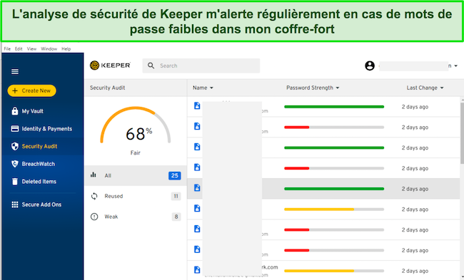 Capture d'écran de l'onglet Audit de sécurité de Keeper