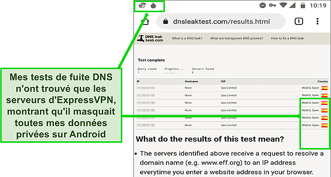 Capture d'écran d'un test DNS réussi sur Android pendant qu'ExpressVPN est connecté à un serveur à Madrid.