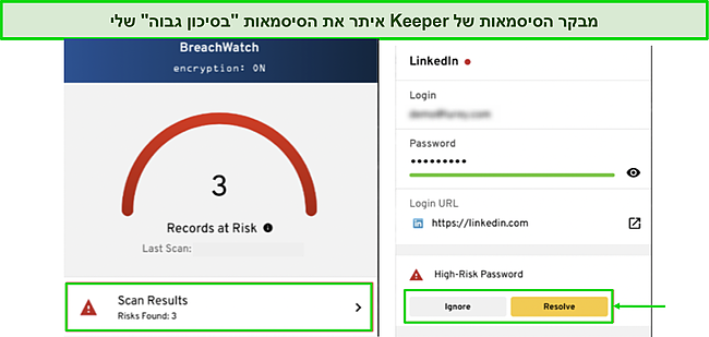 צילום מסך של Keeper's Password Auditor מזהה סיסמאות חלשות.