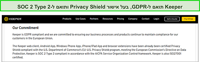 הסמכה של Keeper's Privacy Shield ותאימות SOC 2 Type 2 ו-GDPR.