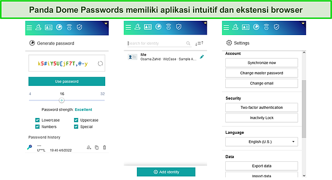 Aplikasi dan ekstensi intuitif Panda Dome Passwords.
