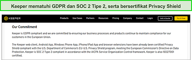 Sertifikasi Pelindung Privasi Keeper dan kepatuhan SOC 2 Tipe 2 dan GDPR.
