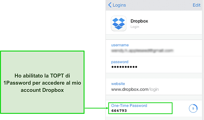 Screenshot del codice TOTP di 1Password su iPhone.