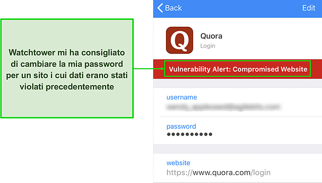 Screenshot della Watchtower di 1Password che rileva un sito Web compromesso.