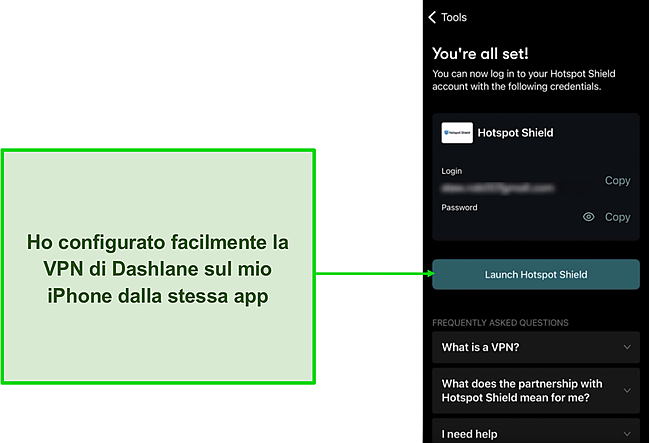 Screenshot della configurazione VPN di Dashlane dall'app.