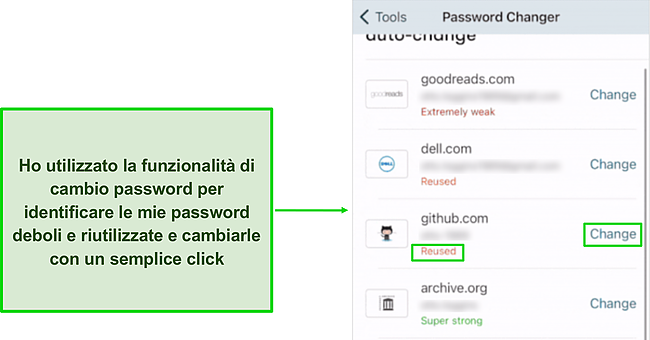 Screenshot del cambio password con un clic di Dashlane.