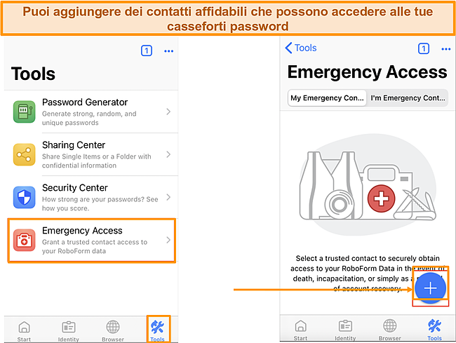 Screenshot di come aggiungere l'accesso di emergenza sull'app iOS di Roboform.