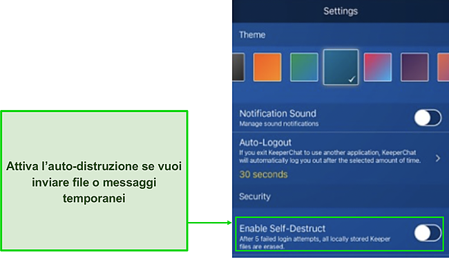 Screenshot dell'opzione timer di autodistruzione di KeeperChat in .