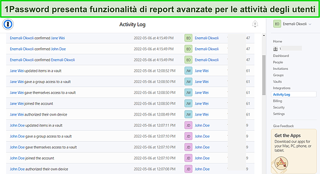 Screenshot del registro delle attività di 1Password's for Business.