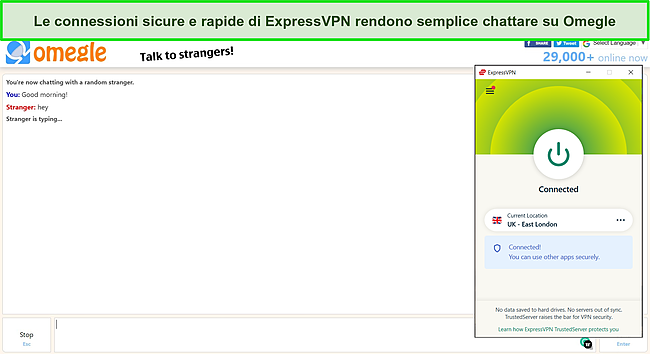 Screenshot di ExpressVPN connesso a un server del Regno Unito con una chat Omegle attiva in background.