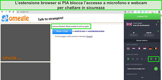 Screenshot dell'estensione del browser Chrome di PIA collegata a un server del Regno Unito con microfono e funzionalità della webcam bloccate, con Omegle in background che mostra anche che webcam e microfono sono bloccati.